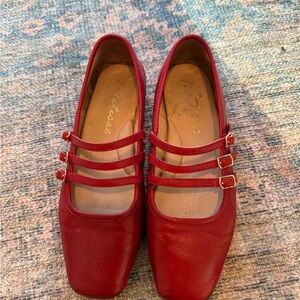 Matisse Red Triple-Strap Mary Jane Flats